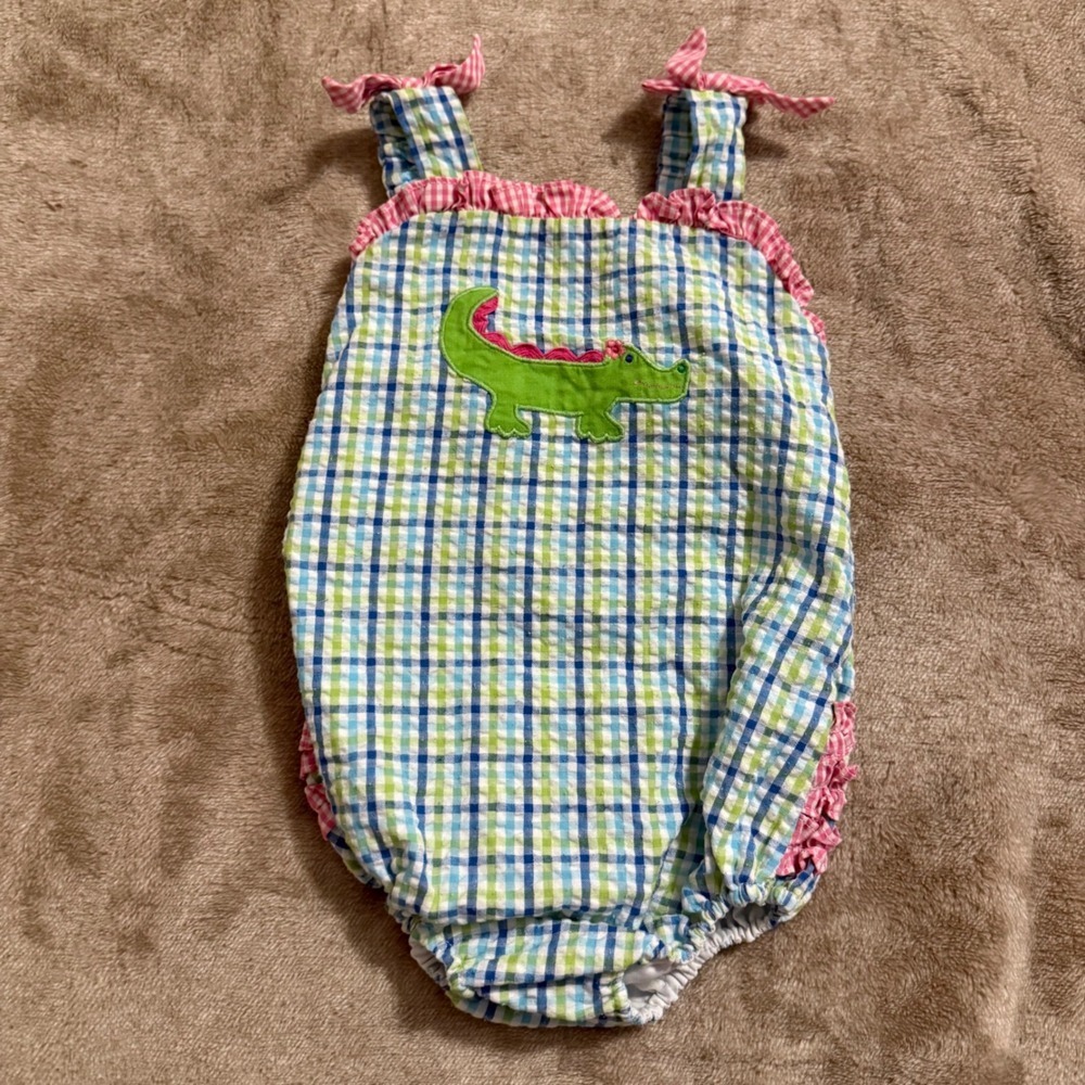 Zu Baby Girls Blue Green Gingham Alligator Ruffle Bubble Romper 6 Months
